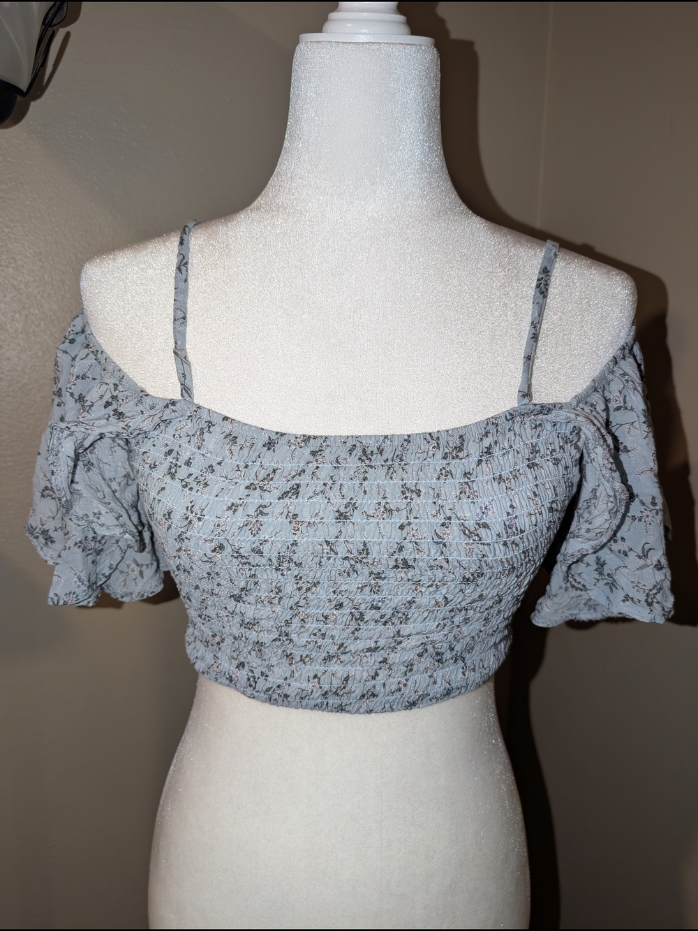Don't Ask Why Smocked Off-Shoulder Crop Top in Light Blue Floral